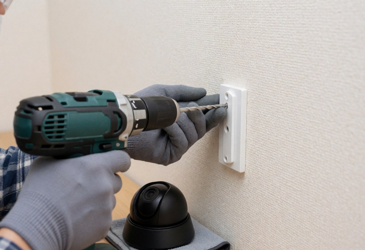 A technician wearing gloves uses a power drill to mount a security camera on a beige wall during an installation service.