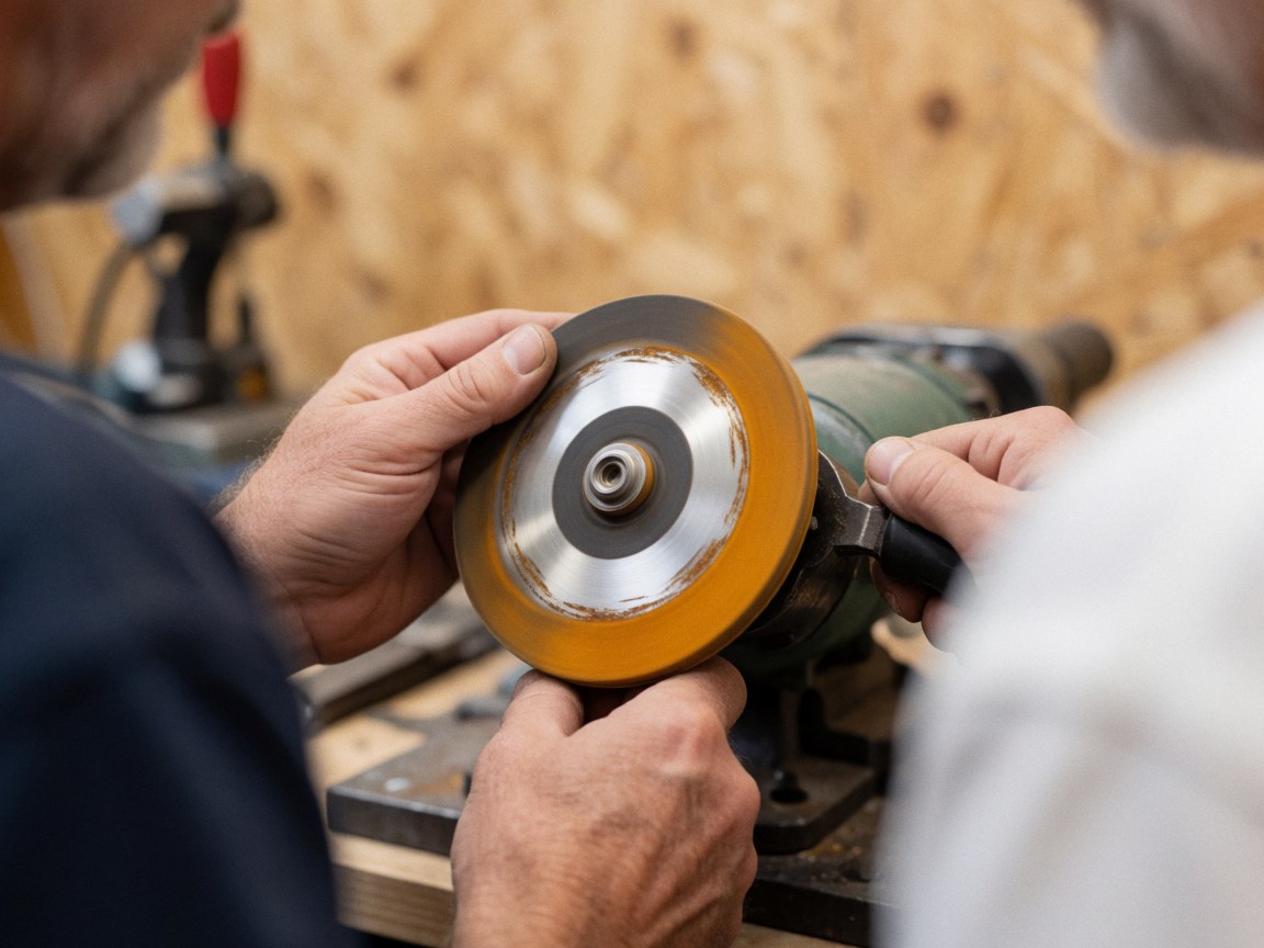 Close-up view of hands using a polishing disc on a metalworking tool against a wooden workshop wall background.