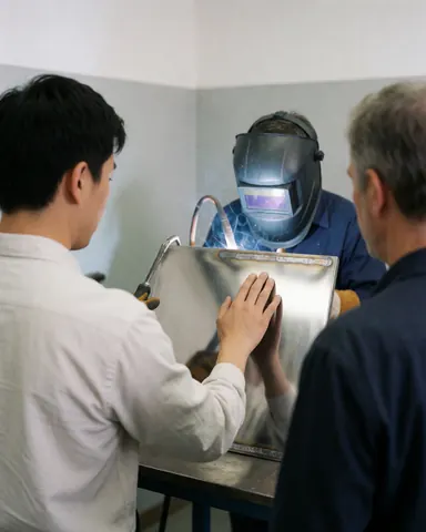 A customer examines a stainless steel weld joint while a welder works in the background wearing protective gear.