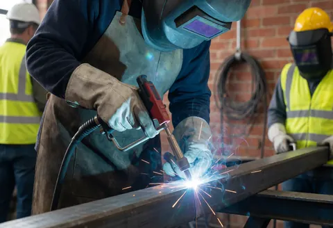 A welder wearing a protective helmet and reflective vest works on a steel bar in an industrial workshop with red brick walls.