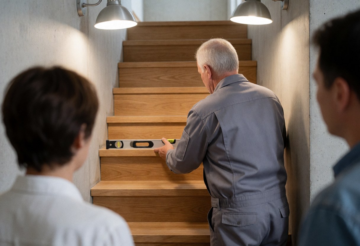 A staircase installer uses a level to check the alignment of wooden stairs while two clients watch from the background.