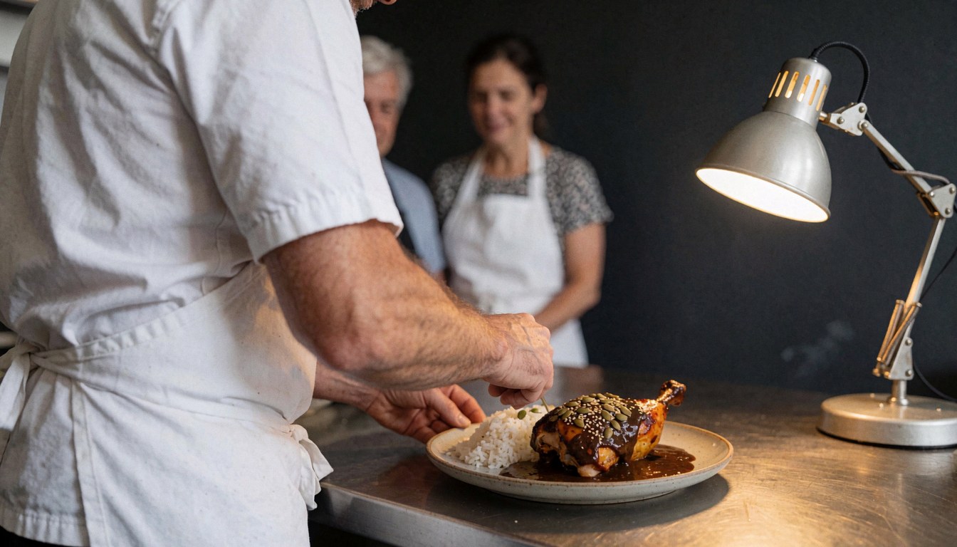 Close-up of a chef placing chicken with mole sauce onto white rice in a ceramic bowl under warm lighting in a kitchen setting.