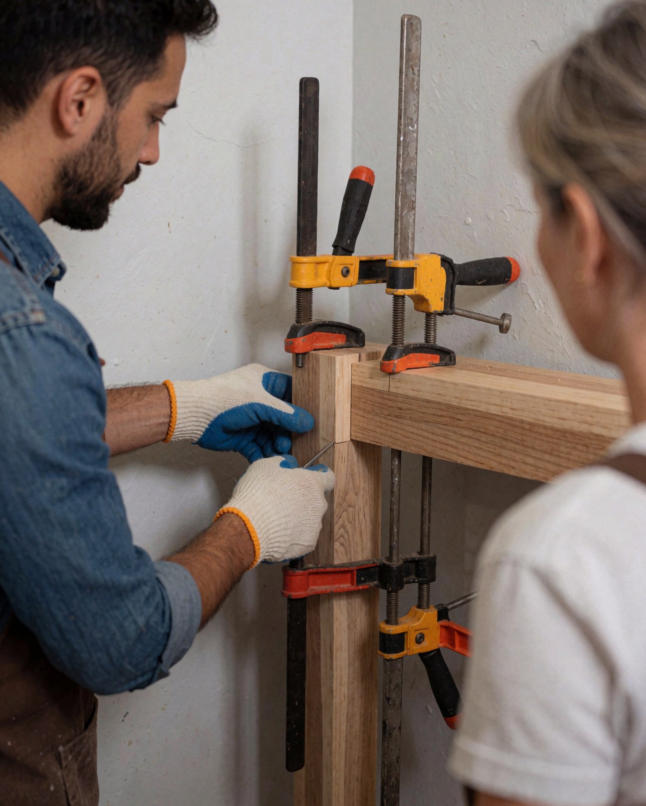 A carpenter wearing gloves applies glue to a light wood joint clamped in a workshop with gray walls.