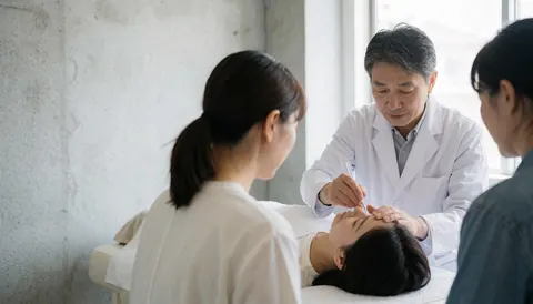 A dermatologist applies a facial treatment product to a client lying on a bed in a clinic with concrete walls and natural light.