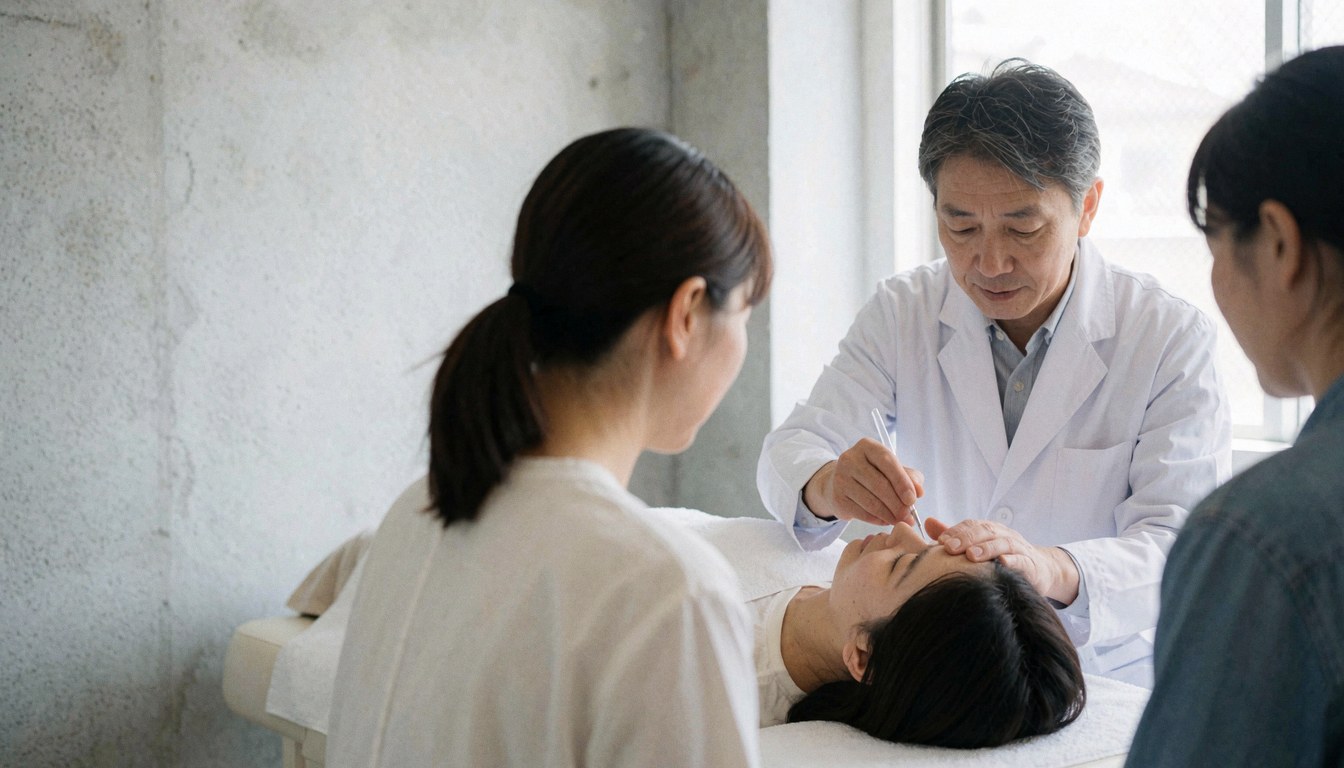 A dermatologist applies a facial treatment product to a client lying on a bed in a clinic with concrete walls and natural light.