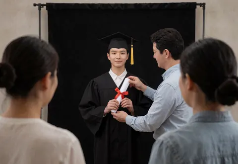 A photographer hands a diploma to a graduate wearing a cap against a black background with two people watching from behind.