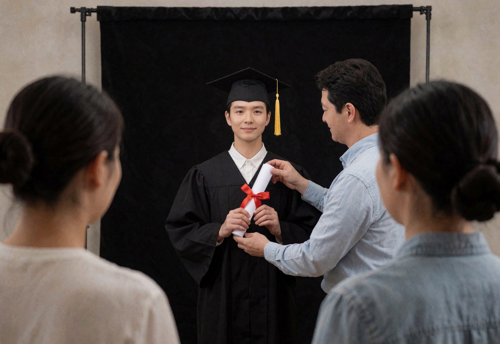 A photographer hands a diploma to a graduate wearing a cap against a black background with two people watching from behind.