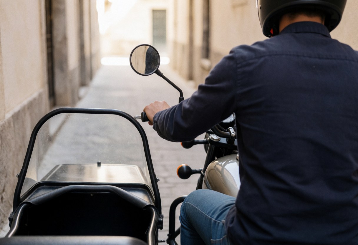 Motorcycle taxi driver with sidecar navigating a narrow street, hand on handlebar, building walls, service in action