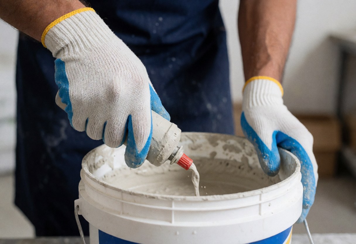 A mason wearing gloves mixes cement in a white bucket at a construction site.