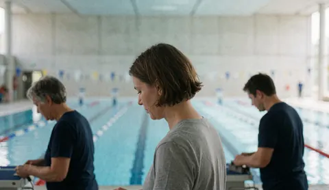 Coaches working with swimmers in a blue water Olympic pool featuring concrete walls and marked lanes for training.
