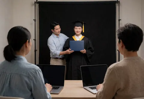 Photographer hands holding a diploma near a student in a cap against a black background with a laptop on a table.