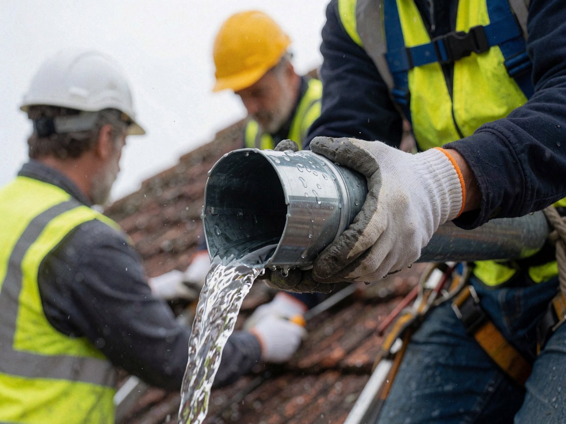 Worker wearing gloves holds a metal drainage pipe while water flows over a shingled roof with other crew members in hard hats and vests in the background.