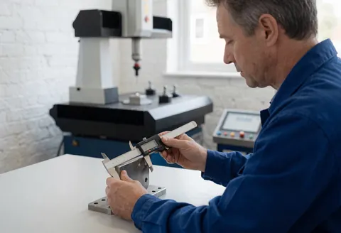 Technician in industrial workshop measuring a metal piece with digital caliper on white table, coordinate measuring machine background