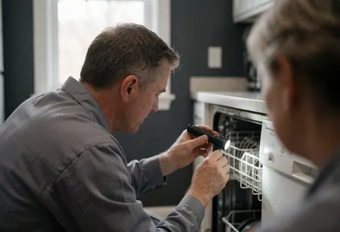 A technician inspects a dishwasher using a flashlight in a kitchen setting with gray walls and natural light.