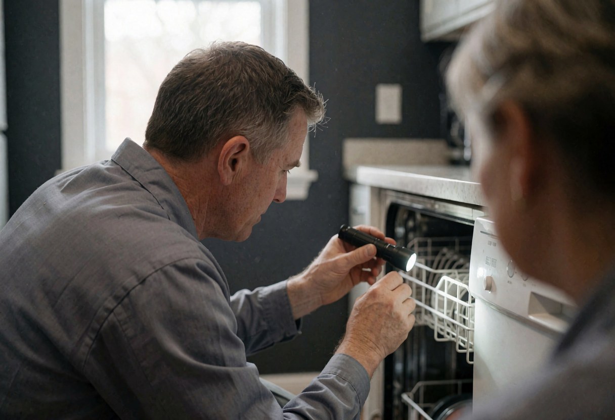A technician inspects a dishwasher using a flashlight in a kitchen setting with gray walls and natural light.
