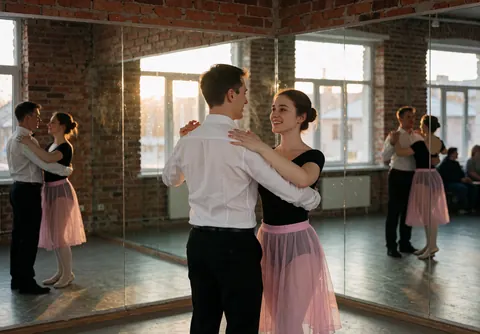 a couple dancing in a dance studio with mirrors and brick walls under warm sunset light