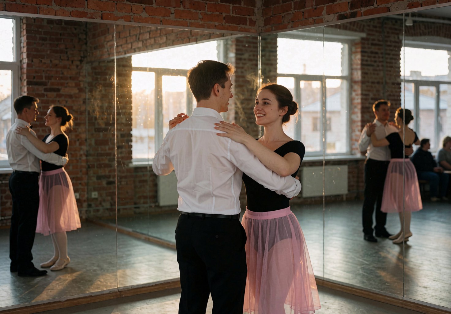 a couple dancing in a dance studio with mirrors and brick walls under warm sunset light