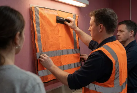 A technician uses a squeegee to apply orange and silver reflective textile onto a pink wall in a workshop.