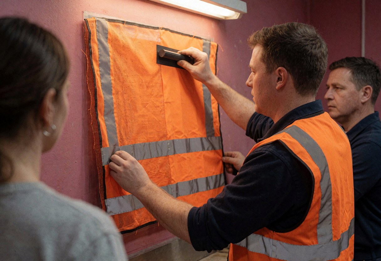 A technician uses a squeegee to apply orange and silver reflective textile onto a pink wall in a workshop.