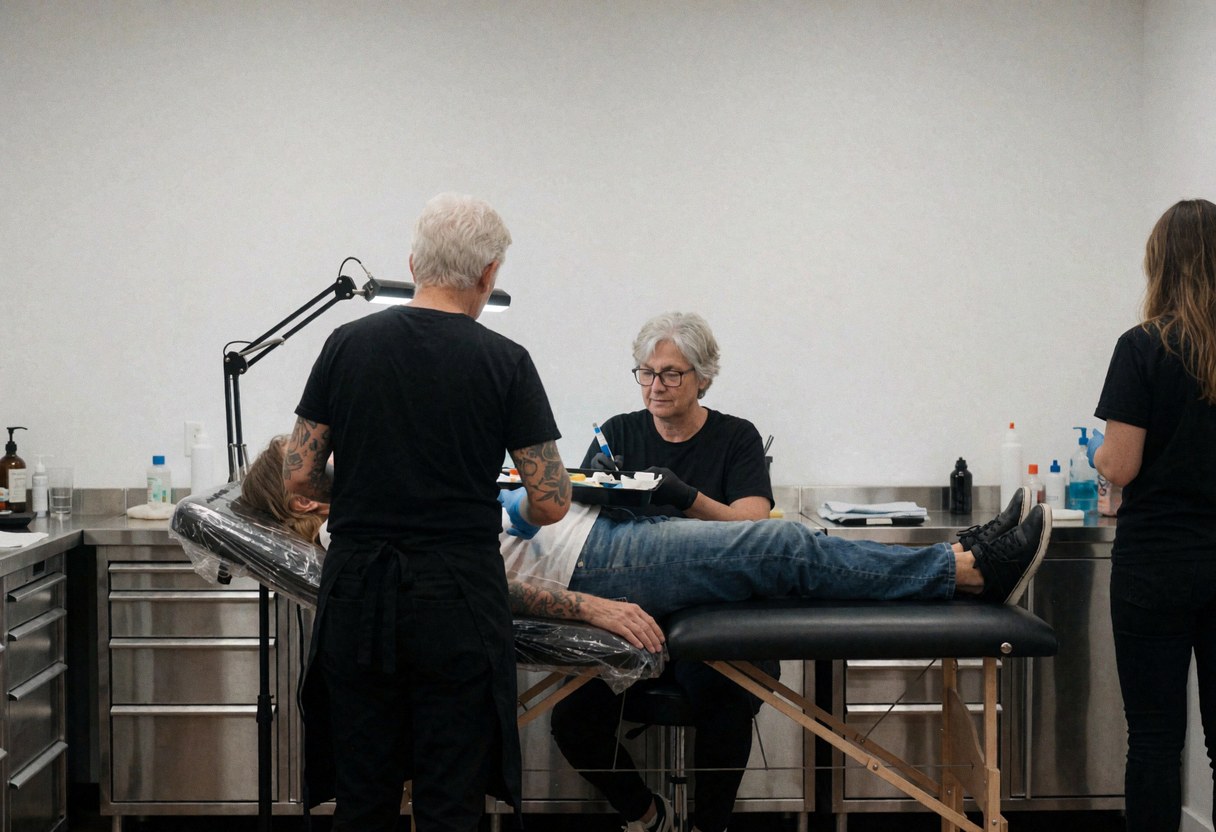 Tattoo artist working in a clean studio with a client on a table under bright lights.