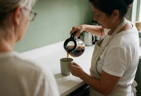 A cafe counter with a green wall where staff serve coffee in ceramic mugs to customers.