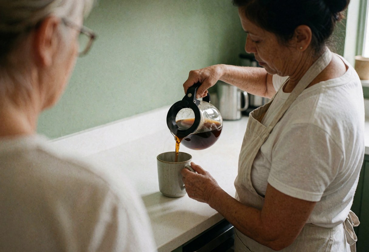 A cafe counter with a green wall where staff serve coffee in ceramic mugs to customers.