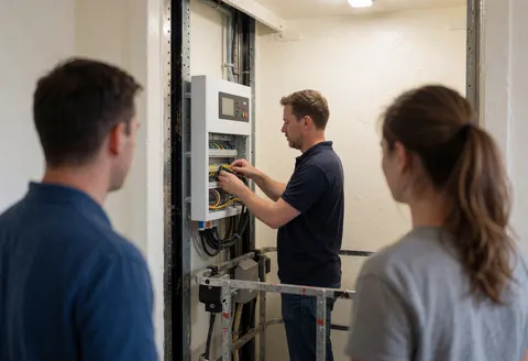 Technician installing an electrical panel inside an elevator shaft with connected wires and white walls during repair service.