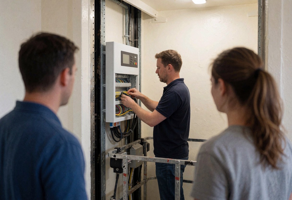 Technician installing an electrical panel inside an elevator shaft with connected wires and white walls during repair service.