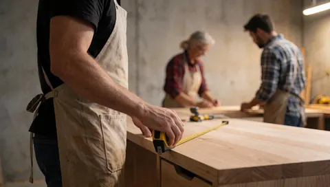 Carpenter using tape measure on wooden workbench in a concrete-walled workshop with colleagues working in the background.