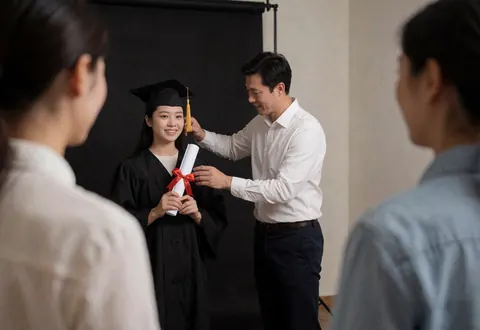 Photographer adjusting a graduation cap on a student in a studio with a black background, showcasing professional portrait services.
