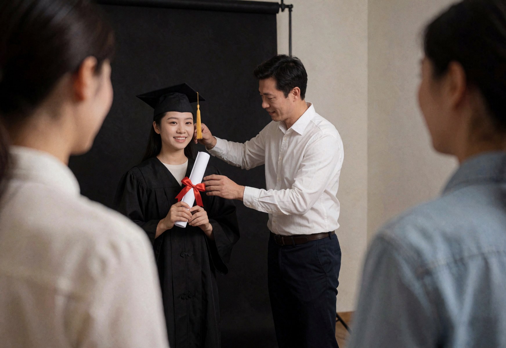 Photographer adjusting a graduation cap on a student in a studio with a black background, showcasing professional portrait services.