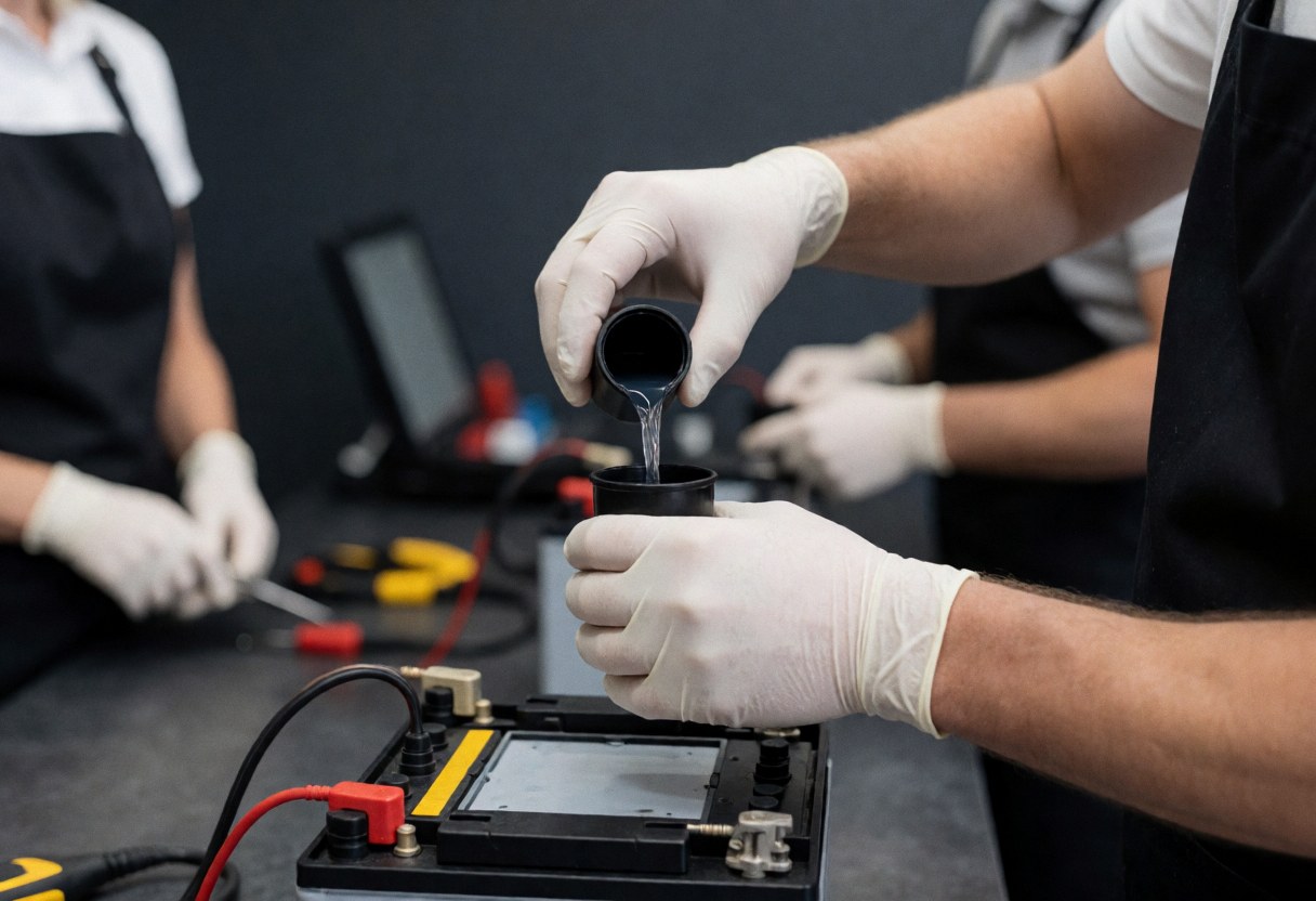 Technician wearing gloves pours liquid into an open battery on a counter with other technicians working in the background