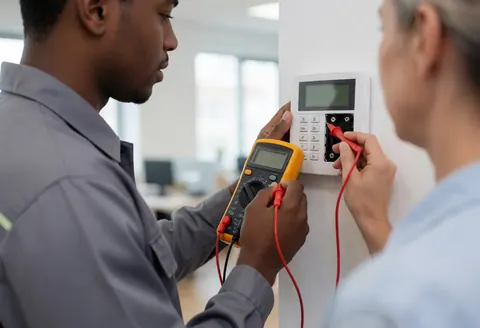 Close-up view of a technician using a digital multimeter to test a wall-mounted security alarm system during a repair service.