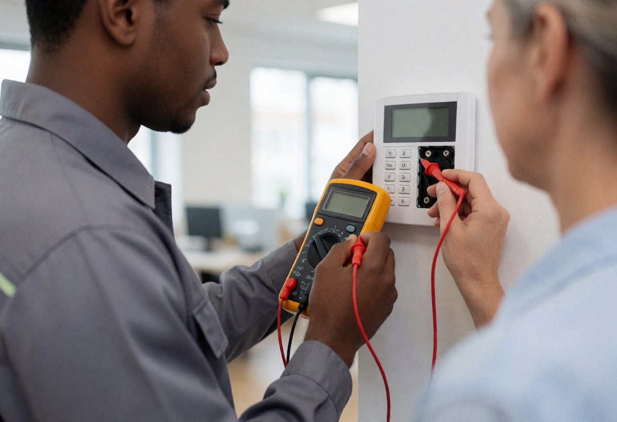Close-up view of a technician using a digital multimeter to test a wall-mounted security alarm system during a repair service.
