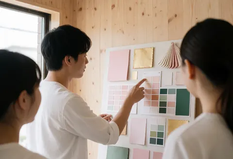 An event decorator points to a color palette on a light wood wall while two clients observe the design.