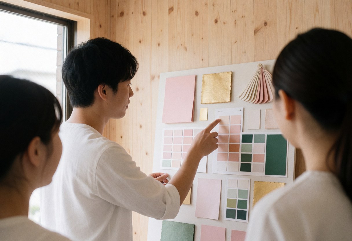 An event decorator points to a color palette on a light wood wall while two clients observe the design.