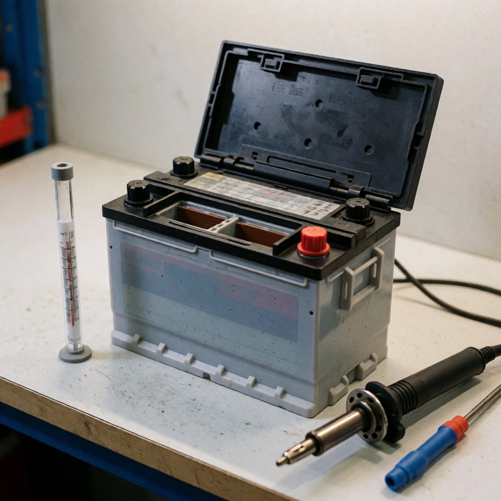 An open automotive battery displayed on a workshop table alongside a hydrometer and soldering iron for repair purposes.