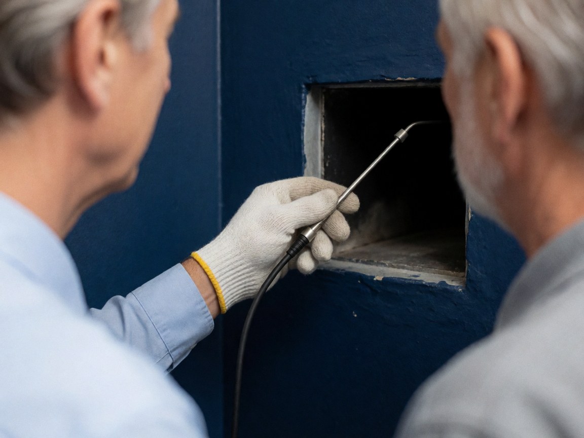 Close-up of a technician's gloved hand adjusting a metal heating duct register against a dark blue wall during a repair service.