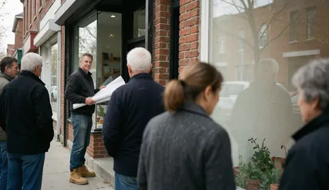 A man holding architectural plans presents a project to a group of people standing outside a brick building with large windows.