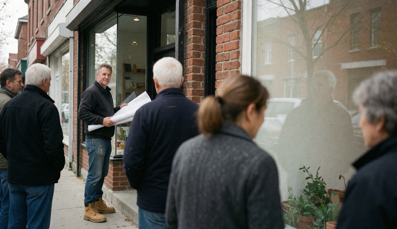 A man holding architectural plans presents a project to a group of people standing outside a brick building with large windows.