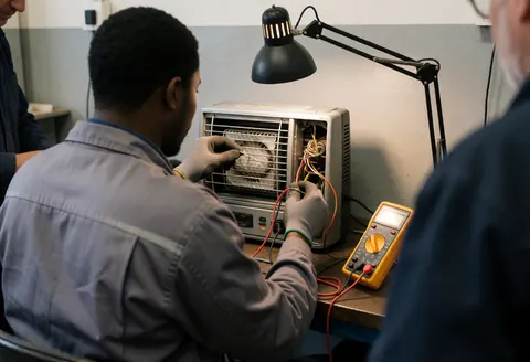 Technician in workshop repairing portable heater using multimeter with practical light and gray walls for heating repair service.