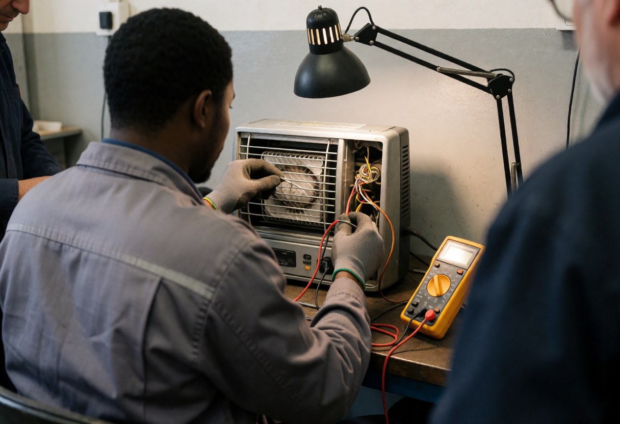 Technician in workshop repairing portable heater using multimeter with practical light and gray walls for heating repair service.