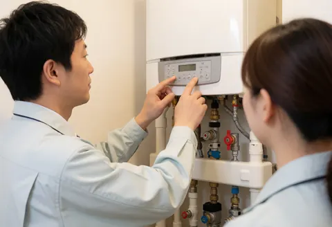A technician in uniform adjusts a boiler's digital display panel with visible pipes and valves in a clean room.