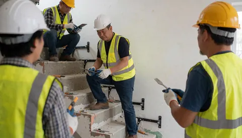 Construction workers install a staircase with visible metal brackets against a white wall.