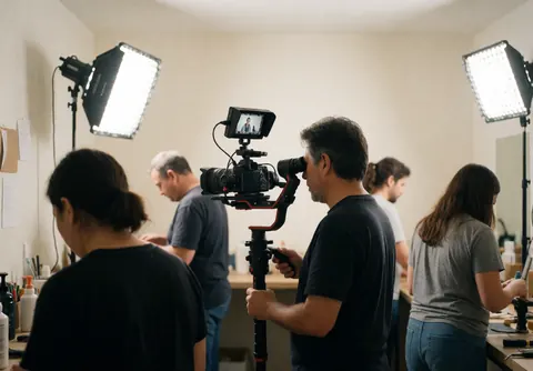 Videographer holding a camera mounted on a gimbal stabilizer in a studio with visible lighting and production equipment.