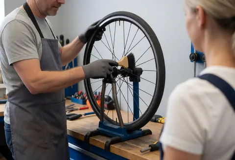Mechanic wearing gloves and apron cleaning bicycle wheel spokes in a workshop with visible tools.