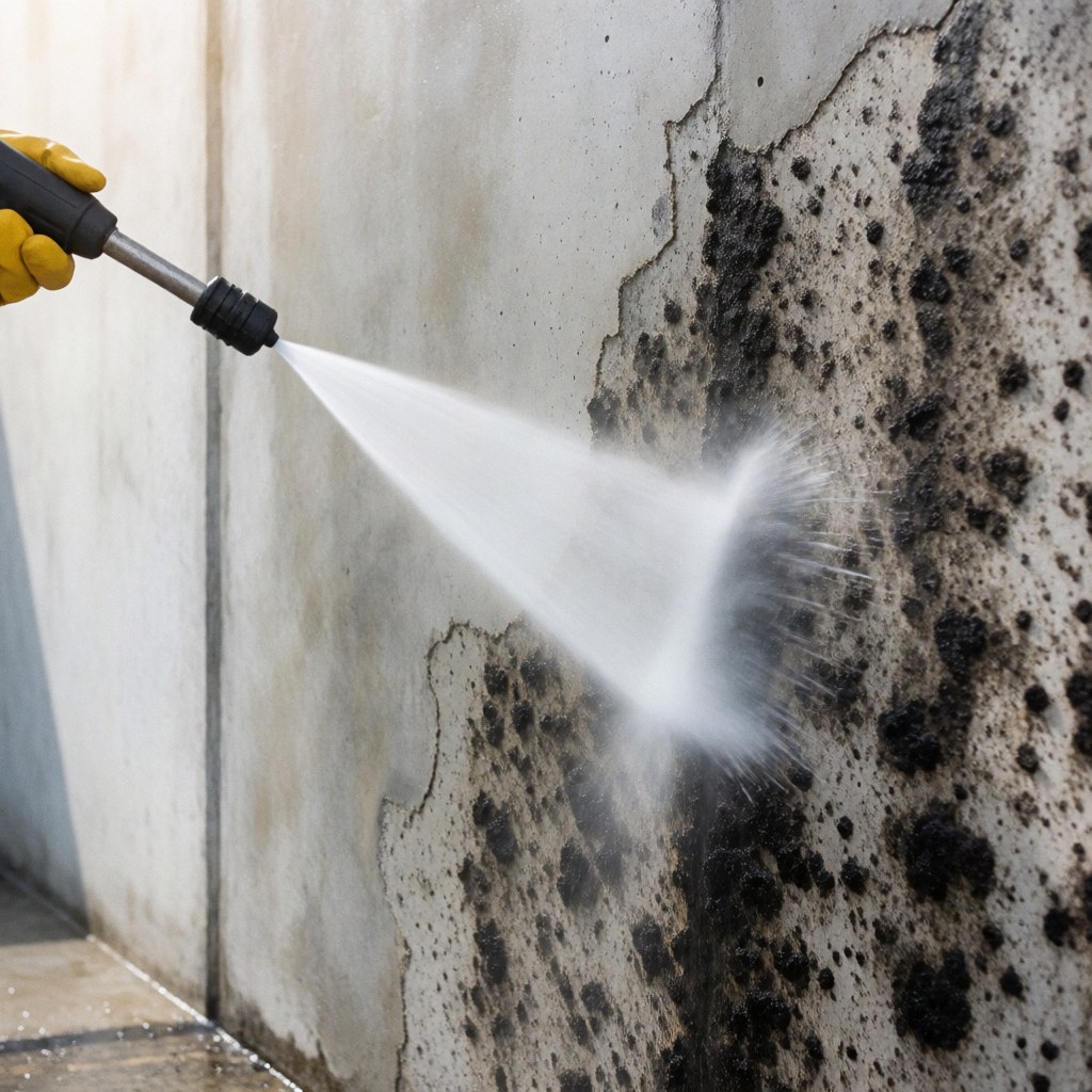 A pressure washer nozzle spraying water to remove black mold from a dirty concrete wall during industrial cleaning service
