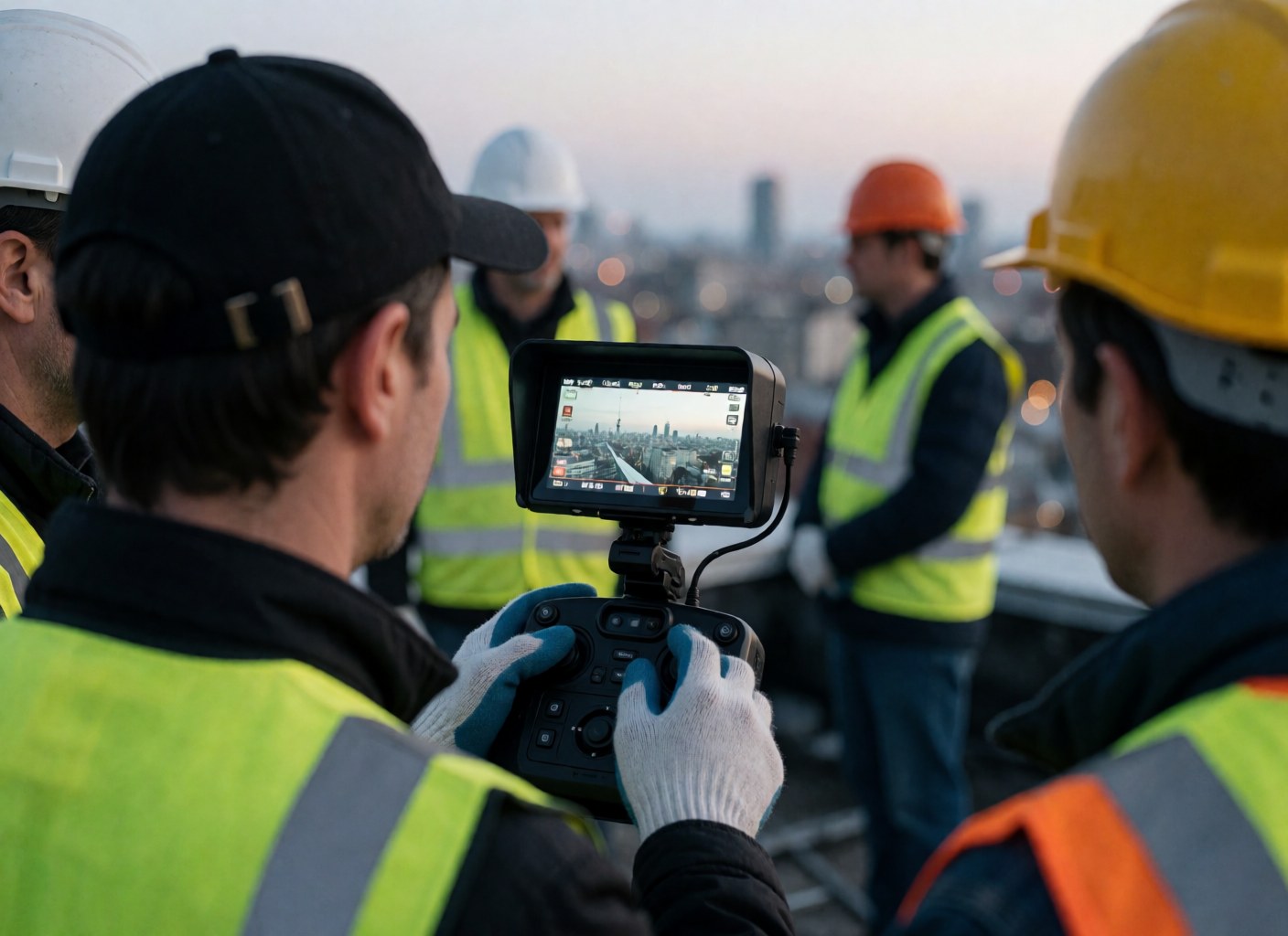 A videographer adjusts camera focus from a ceiling while workers in hard hats and safety vests work in the background.