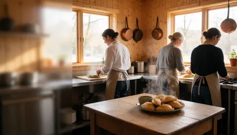 Three people making empanadas in a wooden kitchen with hanging copper pans and a plate of food in the foreground.