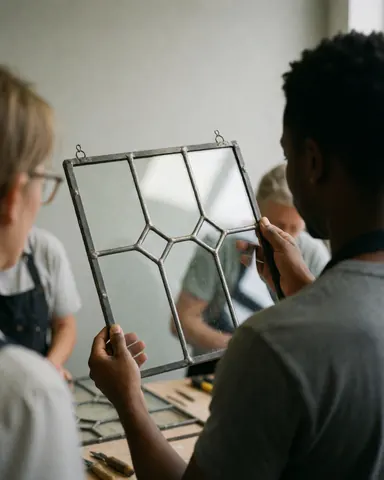 A customer inspects a restored glass window in a glassblowing workshop with visible metal frame and tools.